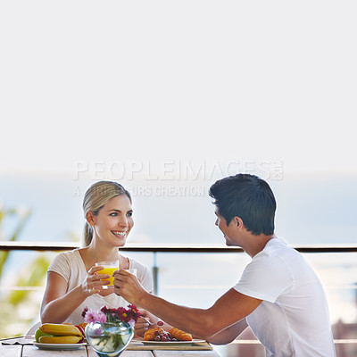 Buy stock photo Happy couple, breakfast and together on holiday or vacation for honeymoon, celebration or getaway. Woman, man and toast with food in relationship or marriage on summer travel at romantic destination