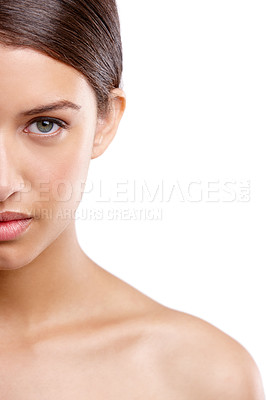 Buy stock photo Skincare, studio and woman in half portrait with beauty, space and soft texture on mockup. Dermatology, cosmetics and serious girl with confidence, clean skin and glow isolated on white background.