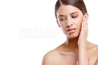 Buy stock photo Beauty, thinking and woman in studio with space, skincare and relax with soft texture on mockup. Dermatology, cosmetics and girl with confidence, clean skin and glow isolated on white background.