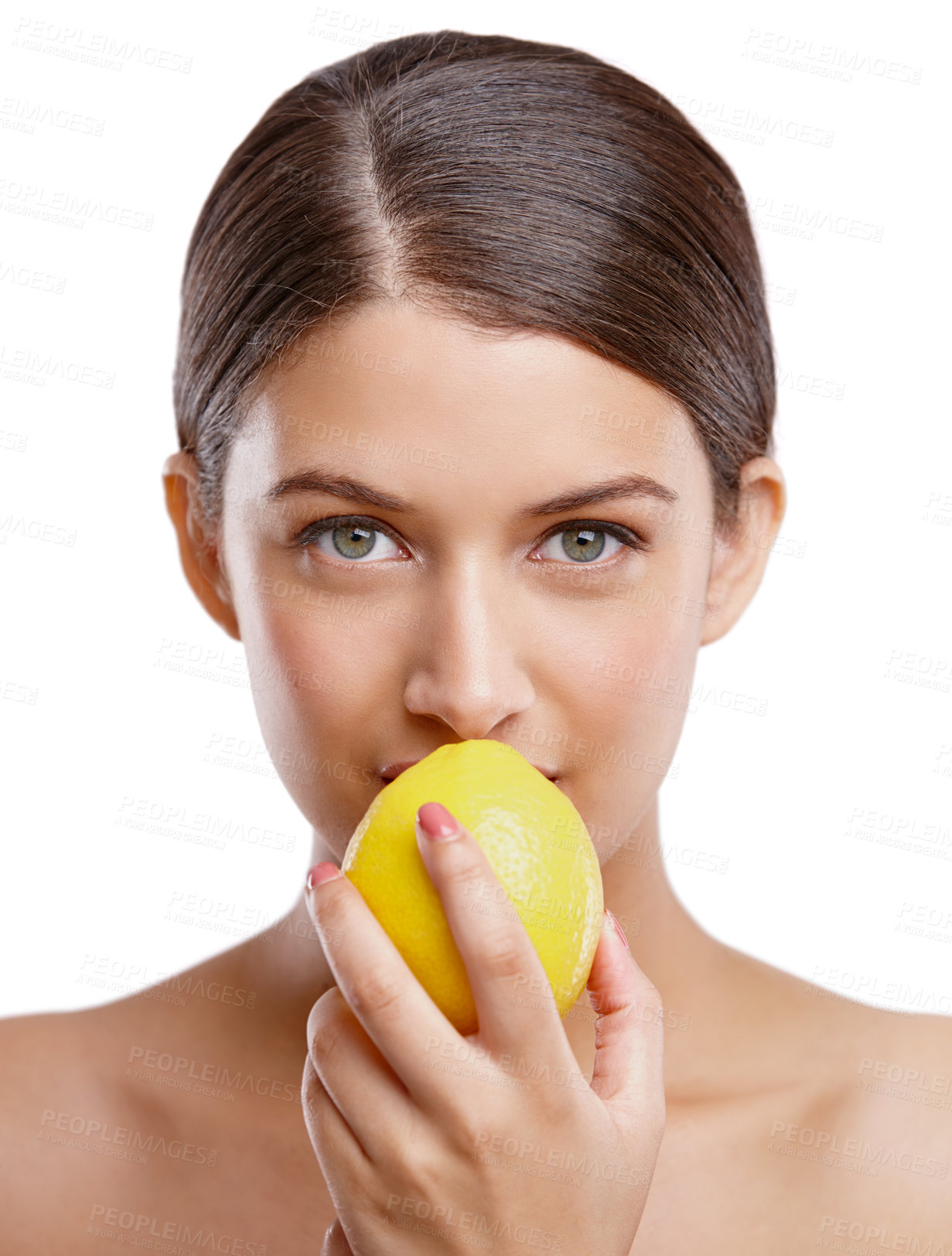 Buy stock photo Skincare, woman and lemon in studio for portrait, detox diet and vitamin C in Portugal. Nutritionist, citrus fruit and face on white background for antioxidants, skin hydration and healthy complexion