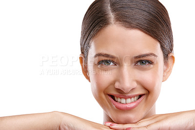 Buy stock photo Closeup studio portrait of a beautiful young woman with flawless skin