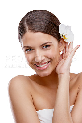 Buy stock photo Skincare, flower and portrait of happy woman in studio with beauty, confidence and soft texture. Dermatology, cosmetics and girl with smile, clean skin glow and natural makeup on white background