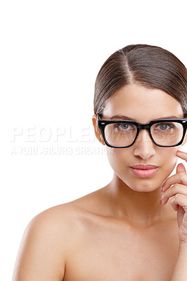 Buy stock photo Frame, glasses and space with portrait of woman in studio isolated on white background for optometry. Aesthetic, mockup and vision with face of model at ophthalmology clinic for prescription eyewear