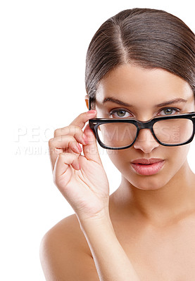 Buy stock photo Beauty, glasses and vision with portrait of woman in studio isolated on white background for optometry. Aesthetic, eyewear and frame with face of model at ophthalmology clinic for prescription lens