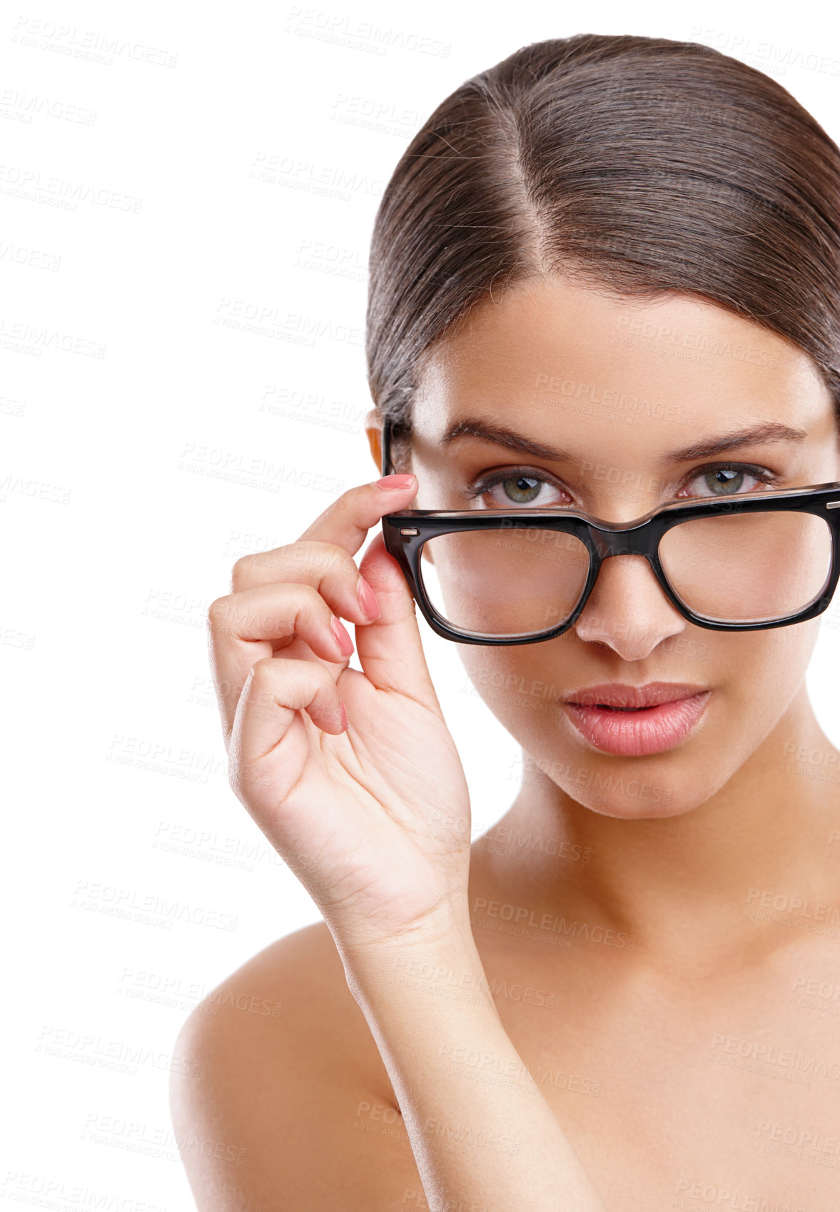 Buy stock photo Beauty, glasses and vision with portrait of woman in studio isolated on white background for optometry. Aesthetic, eyewear and frame with face of model at ophthalmology clinic for prescription lens