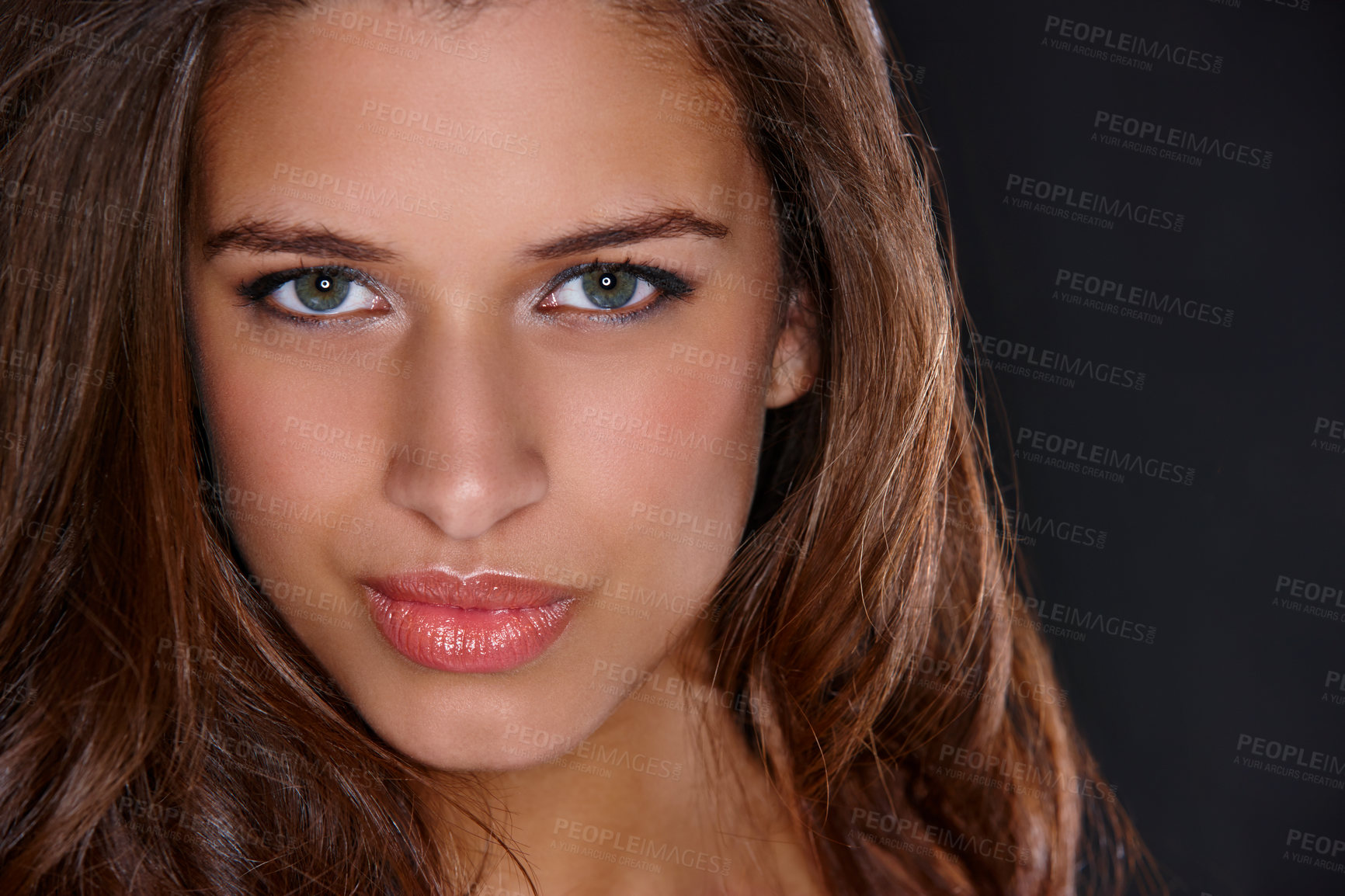 Buy stock photo Woman, makeup and beauty in studio portrait, glow and transformation with lipgloss by black background. Girl, person and model with pout, lipstick and facial cosmetics with confidence in Italy