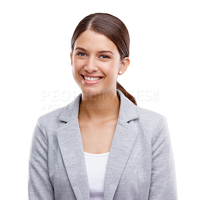 Buy stock photo Happy, corporate and portrait of business woman with company pride, confidence and smile. Entrepreneur, professional and isolated person for career, job opportunity and work on white background