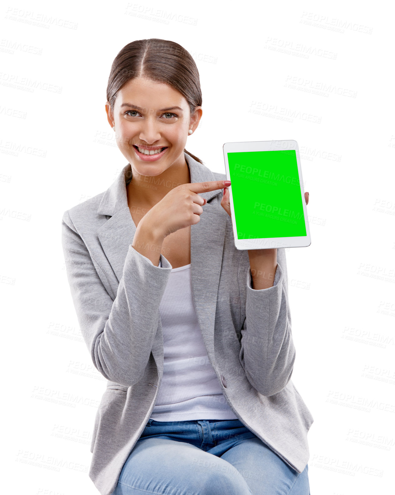 Buy stock photo Happy woman, portrait and pointing with tablet screen for advertising or marketing on a white studio background. Young, female person or model with smile, chromakey or technology display for mockup