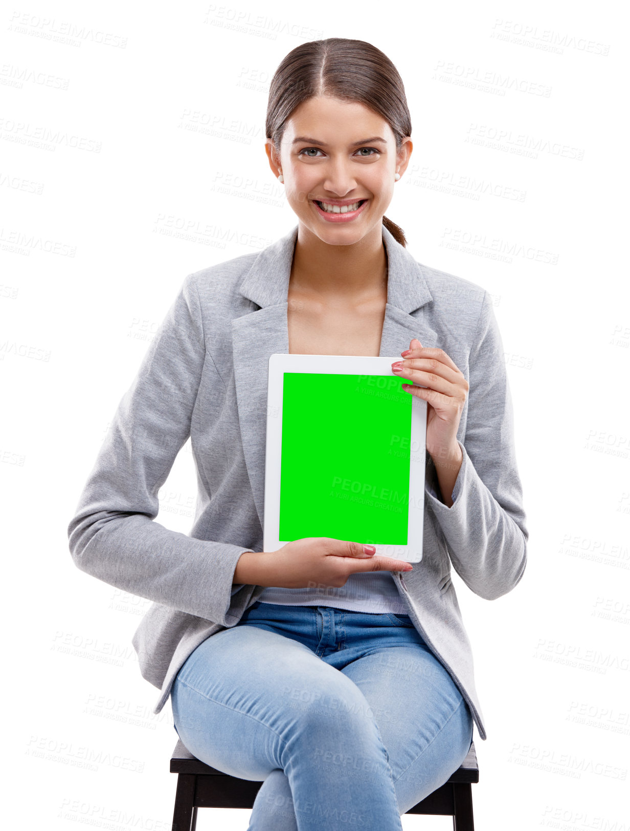 Buy stock photo Happy woman, portrait and tablet with green screen for advertising or marketing on a white studio background. Young, female person or model with smile, chromakey or technology display for mockup