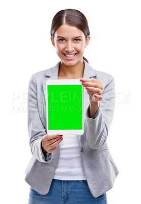 Buy stock photo Happy woman, portrait and tablet with green screen for marketing or advertising on a white studio background. Young, female person or model with smile, chromakey or technology display for mockup