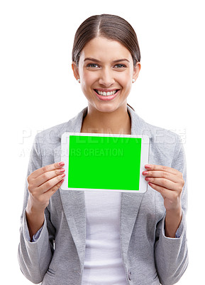 Buy stock photo Happy woman, portrait and tablet with green screen or mockup for app, advertising or marketing on a white studio background. Young, female person or model with smile, chromakey or technology display