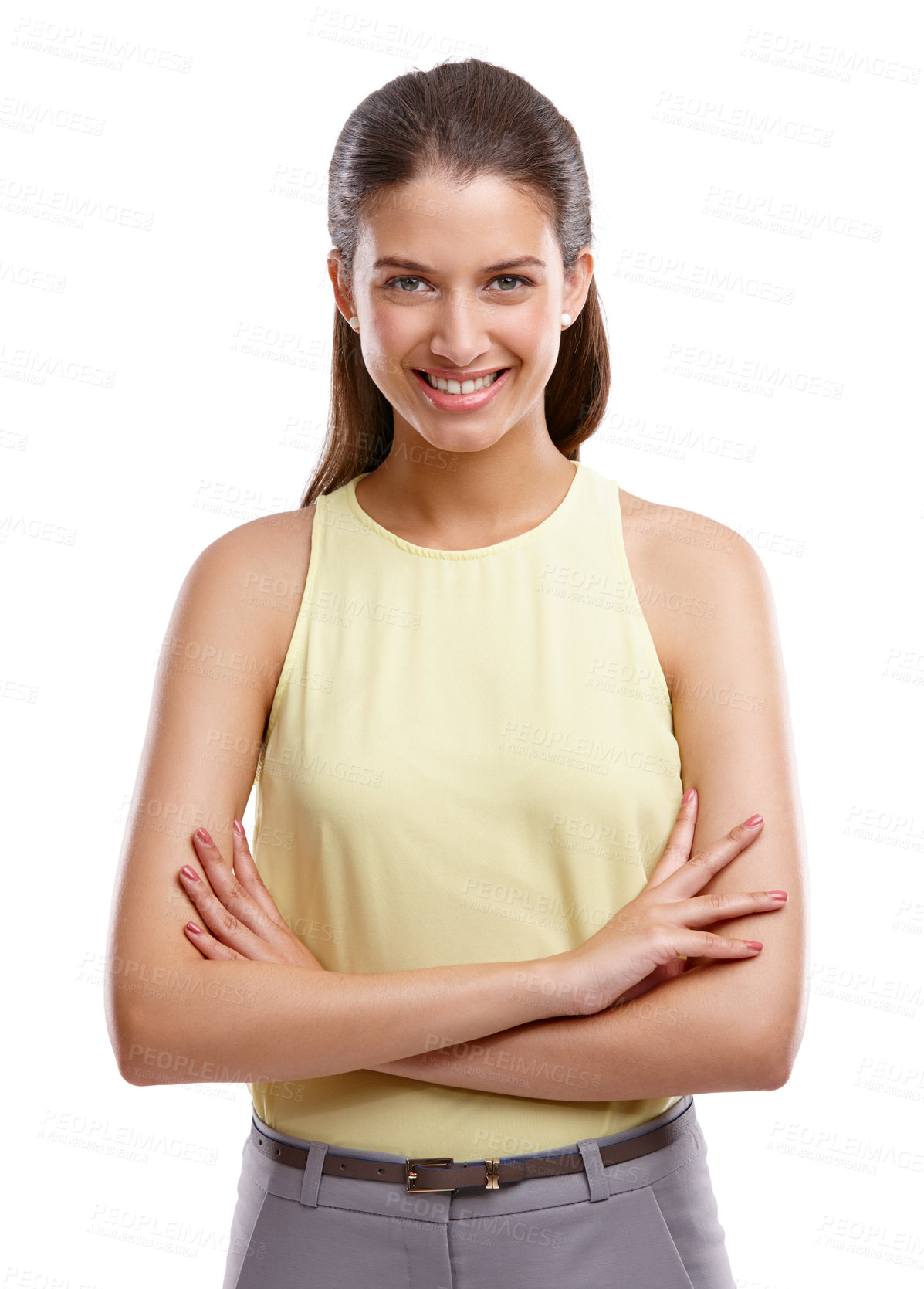 Buy stock photo Studio, portrait and businesswoman with arms crossed for fashion, work clothes and professional for career. Pride, female person and consultant with smile for corporate, confident or white background