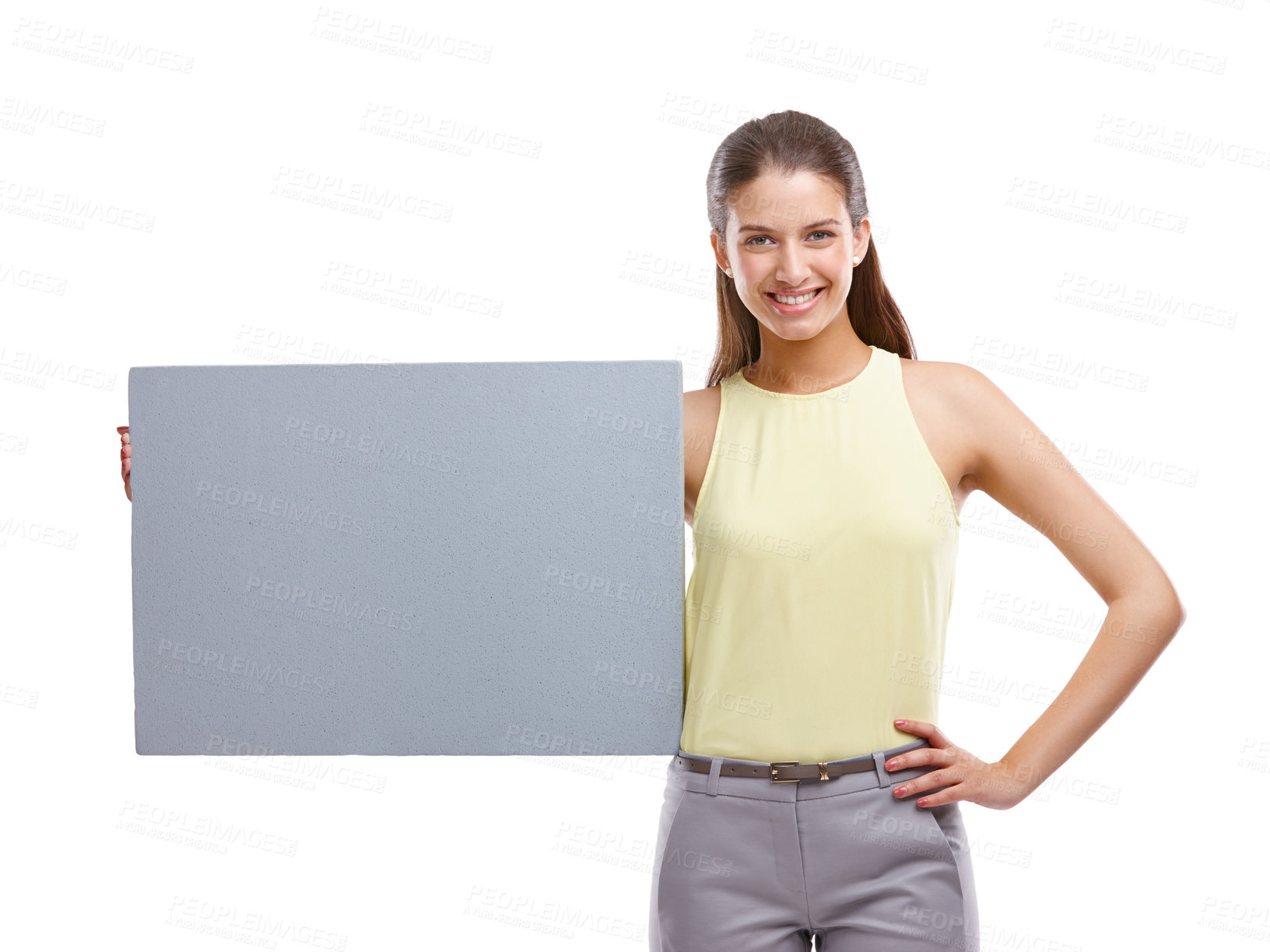 Buy stock photo Poster, info and portrait of woman in studio with card, offer and presentation in business mockup. Space, deal promo and happy girl with blank sign, announcement or opportunity on white background