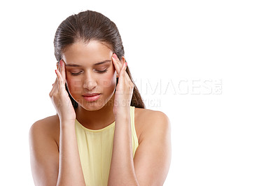 Buy stock photo Studio, businesswoman and pain with headache for burnout, fatigue and stress for startup deadline. Mockup space, female person and designer with temple massage for migraine, tired or white background