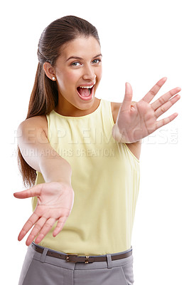 Buy stock photo Studio shot of a beautiful young woman extending her arms in gesture against a white background
