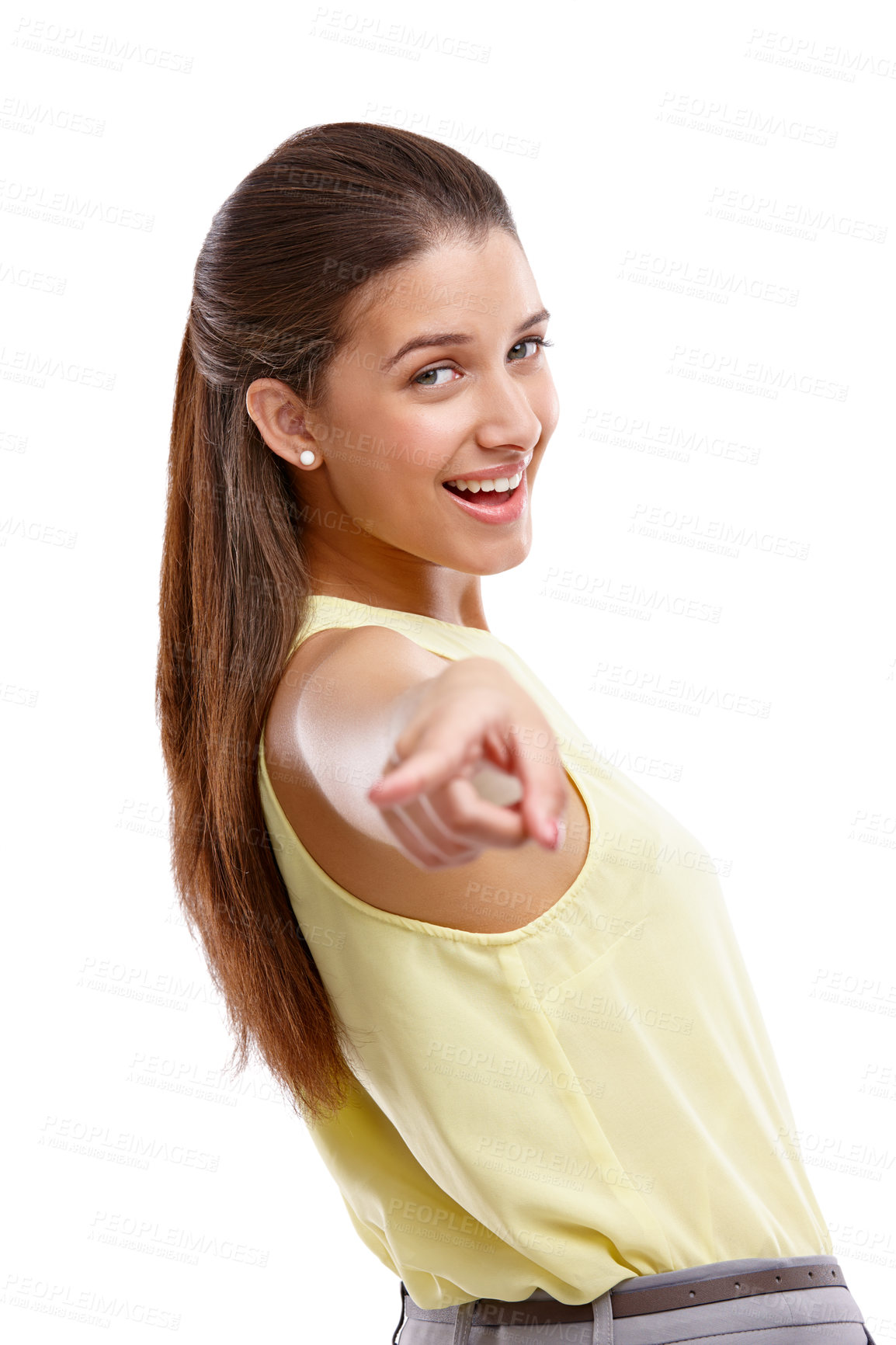 Buy stock photo Smile, pointing and portrait of woman in studio with space for marketing, promotion or advertising. Happy, presentation and female person with decision for vote or option by white background.