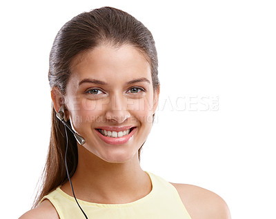 Buy stock photo Studio shot of a beautiful young woman wearing a headset against a white background 
