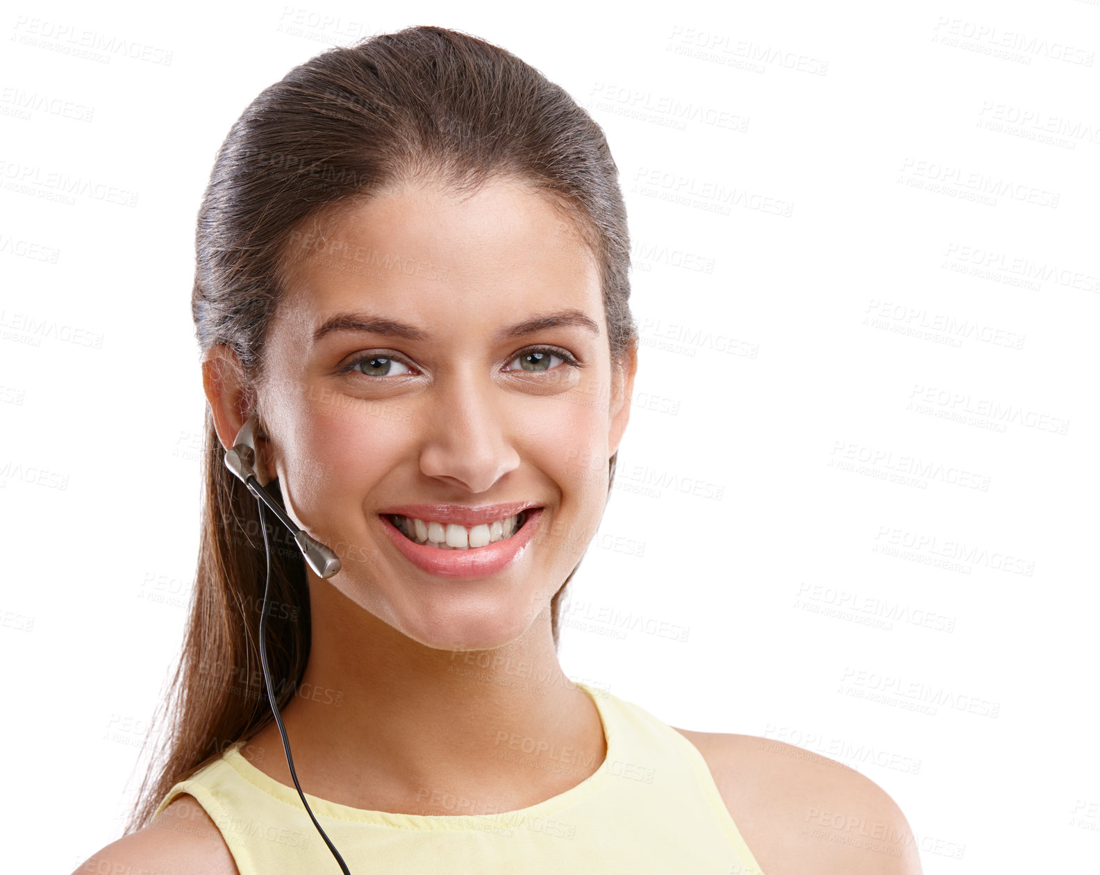 Buy stock photo Happy woman, portrait or call center with microphone in studio for customer service on a white background. Young, female person or consultant with smile for telemarketing, online assistance or advice