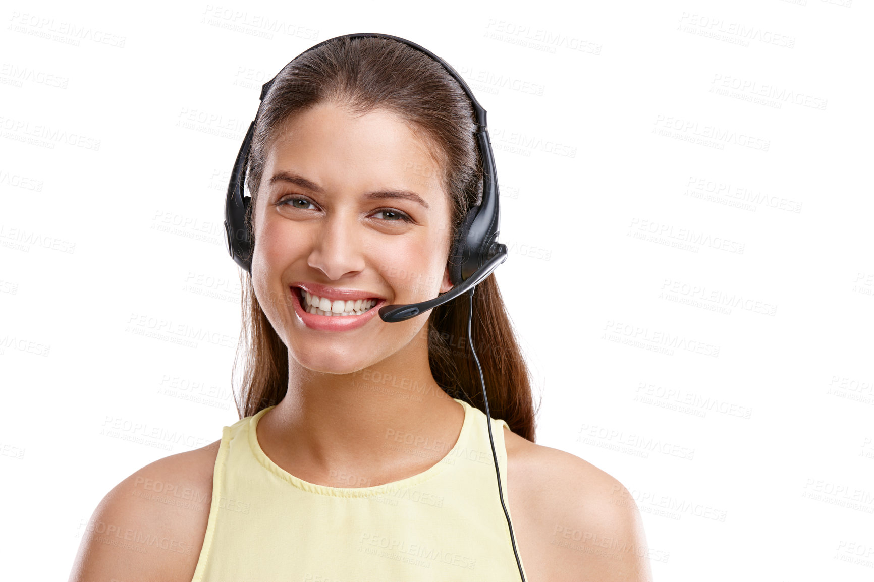 Buy stock photo Happy woman, portrait or call center with headphones for telemarketing in studio on a white background. Young, female person or consultant with smile for customer service, online assistance or advice