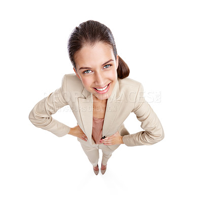 Buy stock photo High angle studio shot of a beautiful young businesswoman posing against a white background