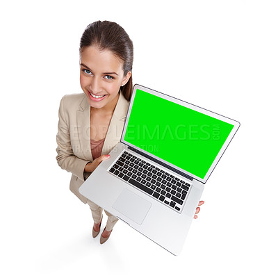 Buy stock photo High angle studio shot of a beautiful young businesswoman holding a laptop against a white background