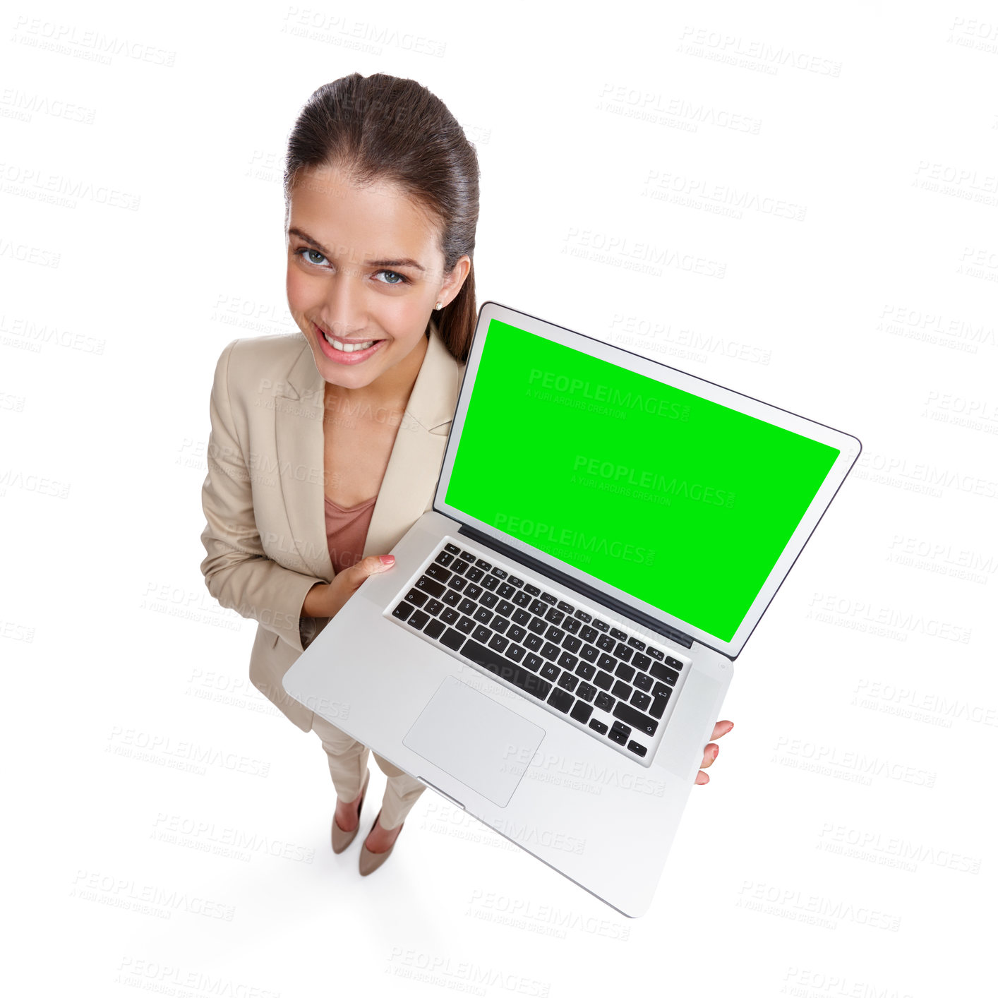 Buy stock photo Happy woman, portrait and laptop with green screen for advertising or marketing on a white studio background. Above, female person or employee with smile, chromakey or technology display for new app