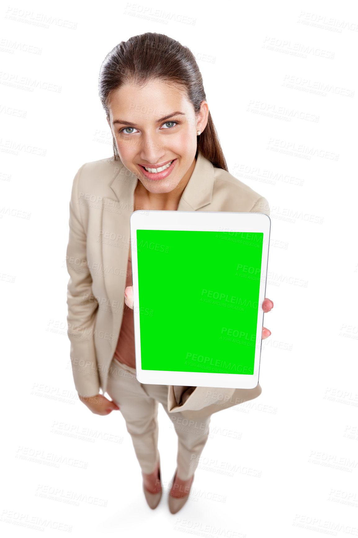 Buy stock photo Happy woman, portrait and tablet with green screen for mockup, advertising or marketing on a white studio background. Above, female person or employee with chromakey or technology display for new app