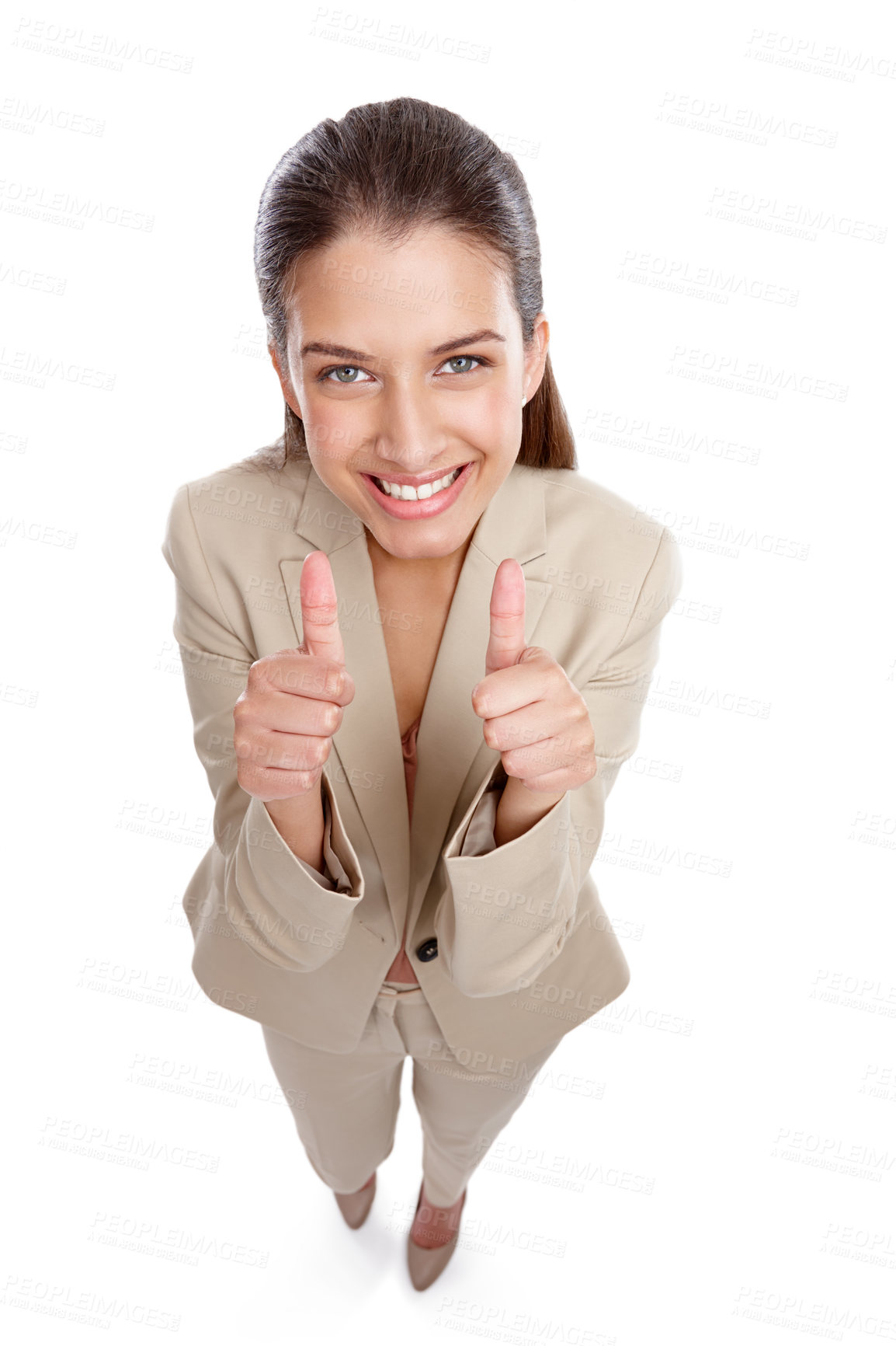 Buy stock photo Business woman, portrait and happy feedback with thumbs up in studio for good job on a white background. Young, female person or model with smile, like emoji or yes sign for OK, review or well done