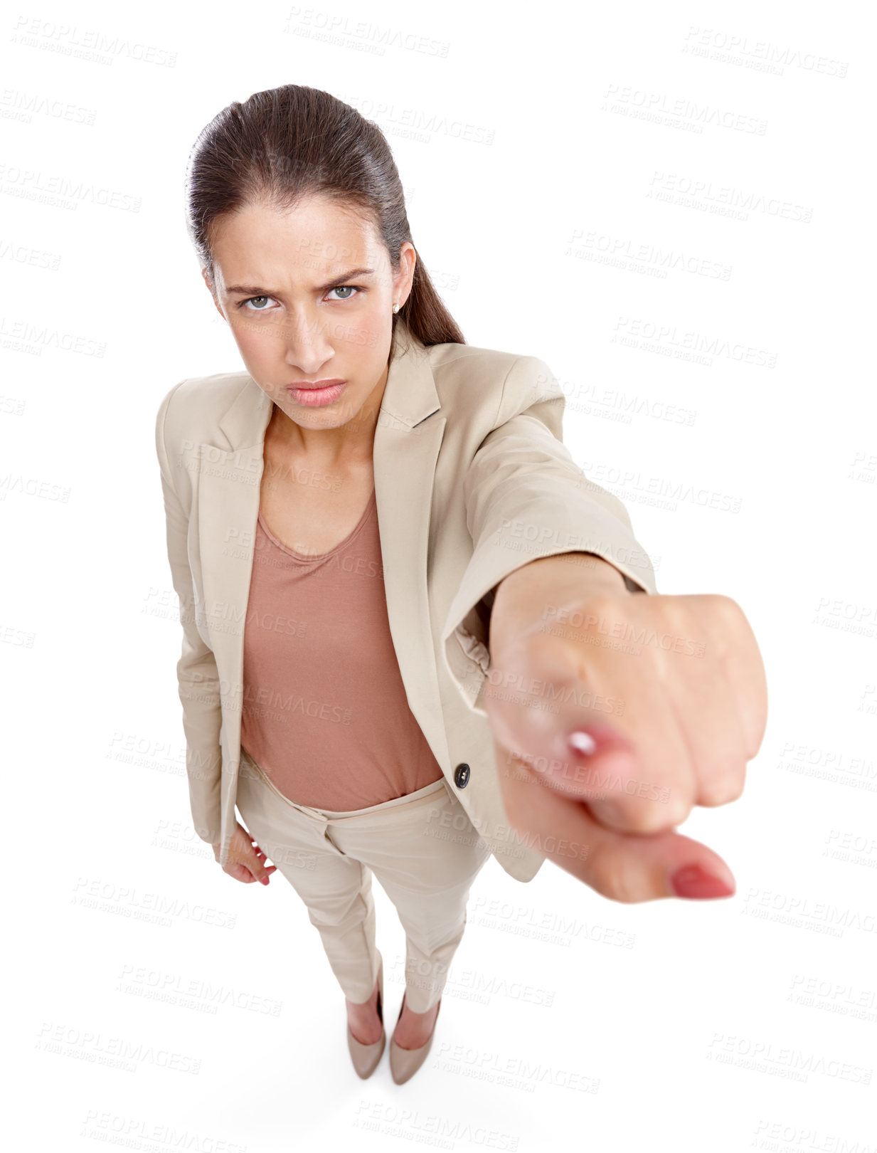 Buy stock photo Choice, pointing and portrait of business woman in studio for whistleblower, legal conflict and policy breach. Warning, suspect and discrimination pov with above of lawyer on white background