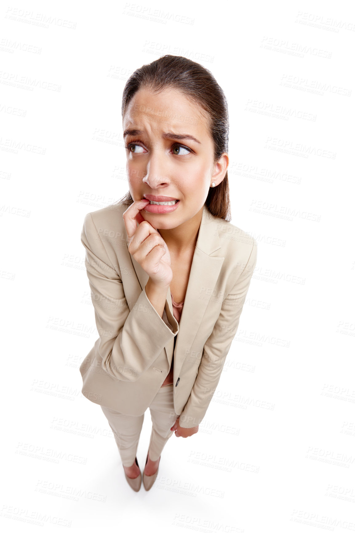 Buy stock photo Businesswoman, scared and above with stress in studio for decision, fear and doubt in career mistake. Corporate, employee and person biting nails by white background for job, anxiety and bad news