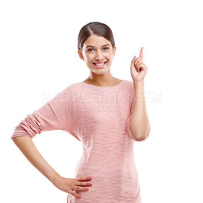 Buy stock photo Happy woman, smile portrait and pointing finger at space for mockup sale, discount and promotion. Face of female model with hand for advertising product placement isolated on a white background