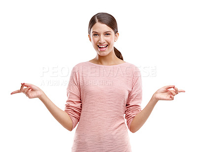 Buy stock photo Mockup, woman and pointing to sides with smile, product placement for announcement and isolated on white background. Marketing, advertising and happy woman in promotion for product launch in studio.