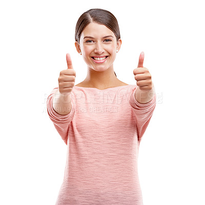 Buy stock photo Woman, smile and thumbs up for winner, sale or discount against a white studio background. Portrait of isolated young female showing thumbsup for good job, thank you or finished on white background