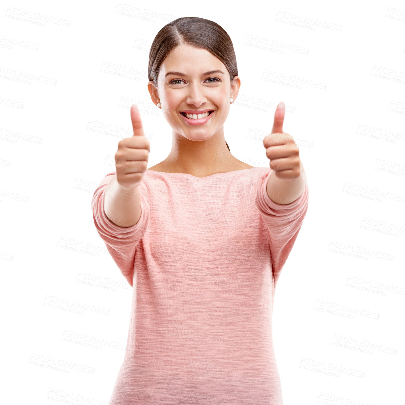 Buy stock photo Woman, smile and thumbs up for winner, sale or discount against a white studio background. Portrait of isolated young female showing thumbsup for good job, thank you or finished on white background