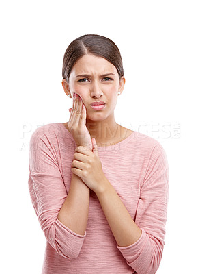 Buy stock photo Woman, mouth and hands for toothache, dental wellness or upset portrait isolated in white background. Unhappy model, sad face and tooth pain, frustrated injury or teeth healthcare problem in studio
