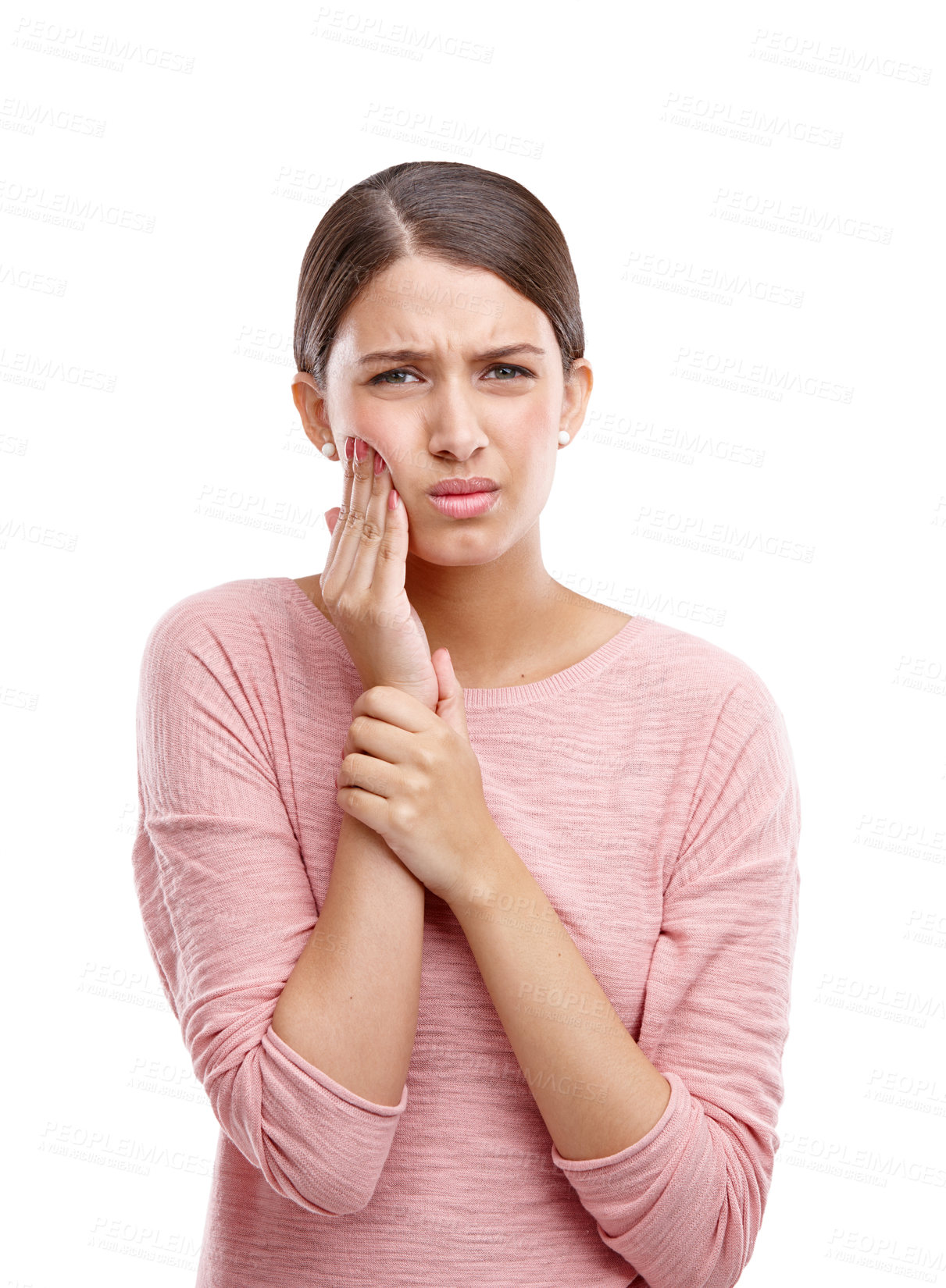 Buy stock photo Woman, mouth and hands for toothache, dental wellness or upset portrait isolated in white background. Unhappy model, sad face and tooth pain, frustrated injury or teeth healthcare problem in studio