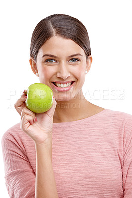 Buy stock photo Health, apple and smile with portrait of woman for nutrition, diet and weight loss choice. Fiber, food and vitamins with isolated face of girl eating fruit for wellness, organic and natural in studio
