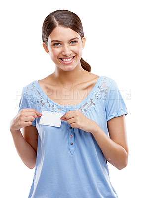 Buy stock photo Portrait, mock up and name tag with a happy woman in studio isolated on a white background for product placement. Marketing, advertising and mockup with an attractive young female on blank space