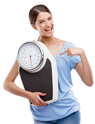 Buy stock photo Health, weight loss and scale with portrait of woman for fitness, nutrition and diet achievement. Workout, goal and training with isolated girl model and weight scale for wellness, cardio and winner