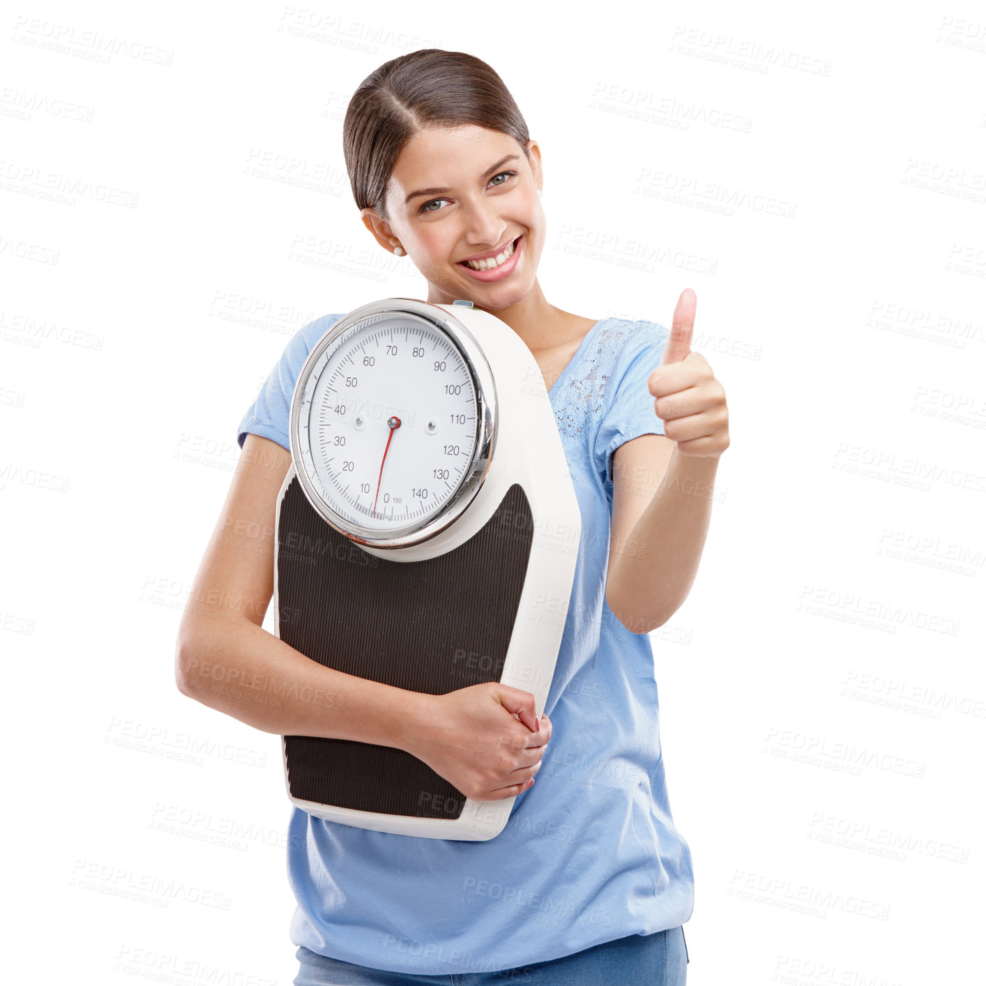 Buy stock photo Scale, weight loss and woman thumbs up portrait of a happy person with diet goal success. Isolated, white background and yes hand sign of a model with happiness and smile from healthy lifestyle