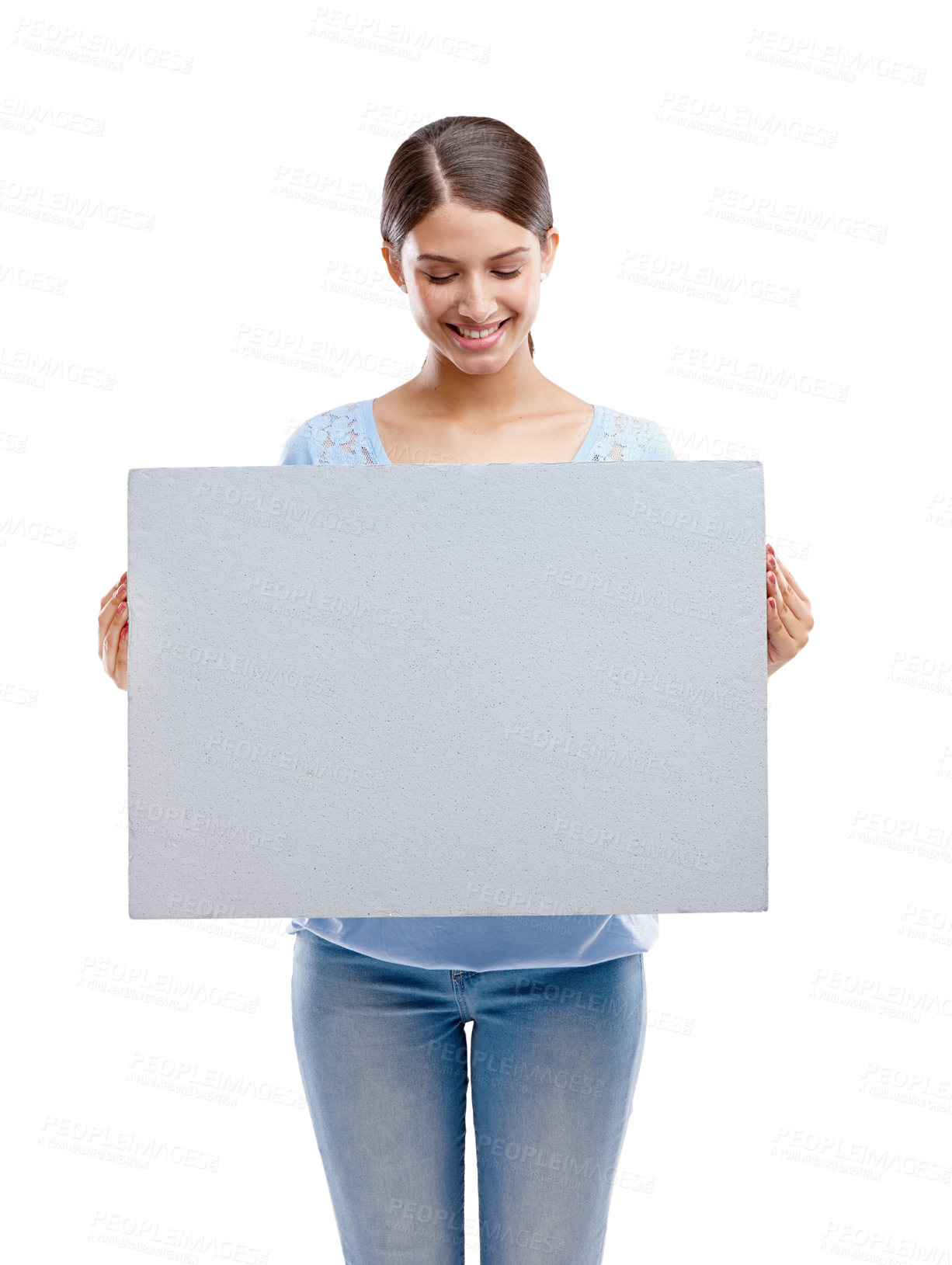 Buy stock photo Woman, poster and smile for marketing, advertising or branding against a white studio background. Happy isolated female model holding billboard for message, brand or advertisement on white background