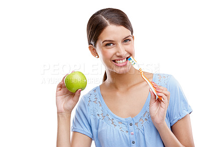 Buy stock photo Dental, health and apple with woman and toothbrush for nutrition, medical and cleaning mockup. Fruit, diet and wellness with isolated face of girl for oral hygiene, teeth and food on white background