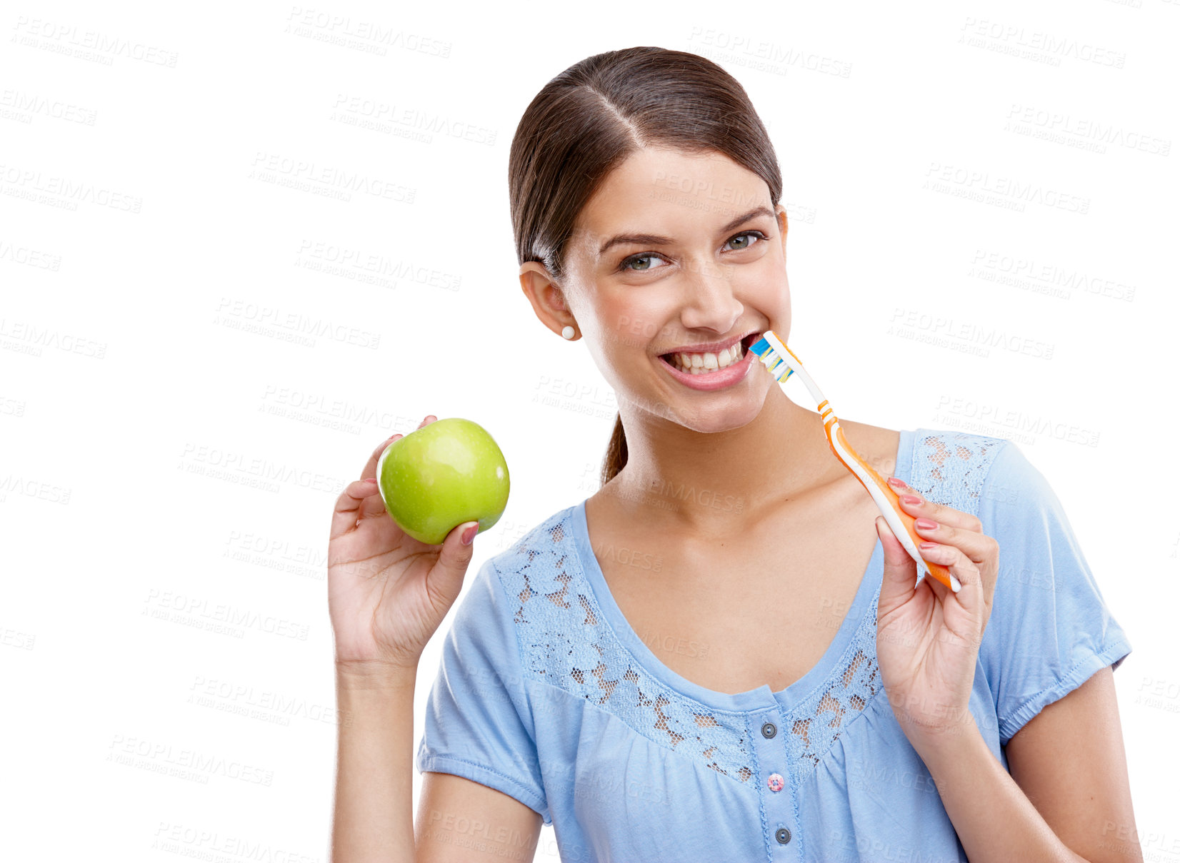 Buy stock photo Dental, health and apple with woman and toothbrush for nutrition, medical and cleaning mockup. Fruit, diet and wellness with isolated face of girl for oral hygiene, teeth and food on white background