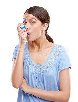 Buy stock photo Asthma, anxiety and woman portrait with medicine inhaler for breathing, allergies and health problem. Sick female with asma attack and medical emergency isolated on a white background to breathe air