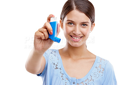 Buy stock photo Woman, asthma pump and smile for breathing, relief or respiratory against a white studio background. Portrait of isolated female holding inhaler for medical allergies, breathe or health solution