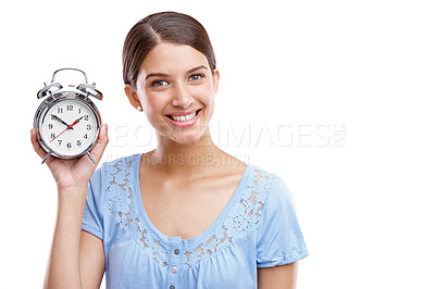 Buy stock photo Portrait, clock and hand with a model woman in studio isolated on a white background showing an alarm. Time, vintage reminder with a female holding an alarm clock or timer on a blank space 