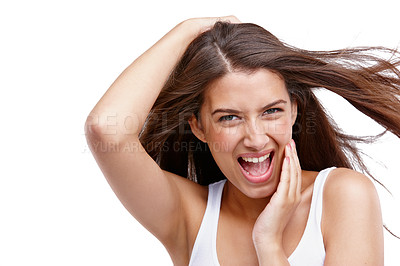 Buy stock photo Woman, happy with hair and beauty in portrait for hair care, cosmetics and freedom isolated on white background. Keratin treatment with excited, face and skincare with natural cosmetic care mockup