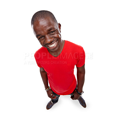 Buy stock photo Portrait, fashion and red with a model black man in studio isolated on a white background from above. Happy, smile and zoom with a handsome young male posing on a blank space for product branding