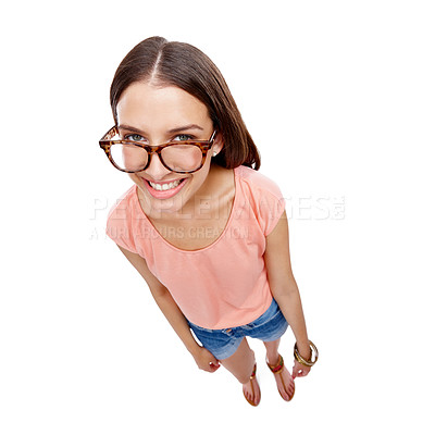 Buy stock photo Woman, happy and portrait of a model with glasses, smile and casual fashion. White background, happiness and isolated young person looking up with eyewear in a studio feeling positive and calm