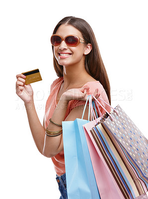 Buy stock photo Woman, shopping bag and credit card for studio portrait, white background and isolated and product sales. Happy customer, model and shopping finance, ecommerce market and retail discount promotion 